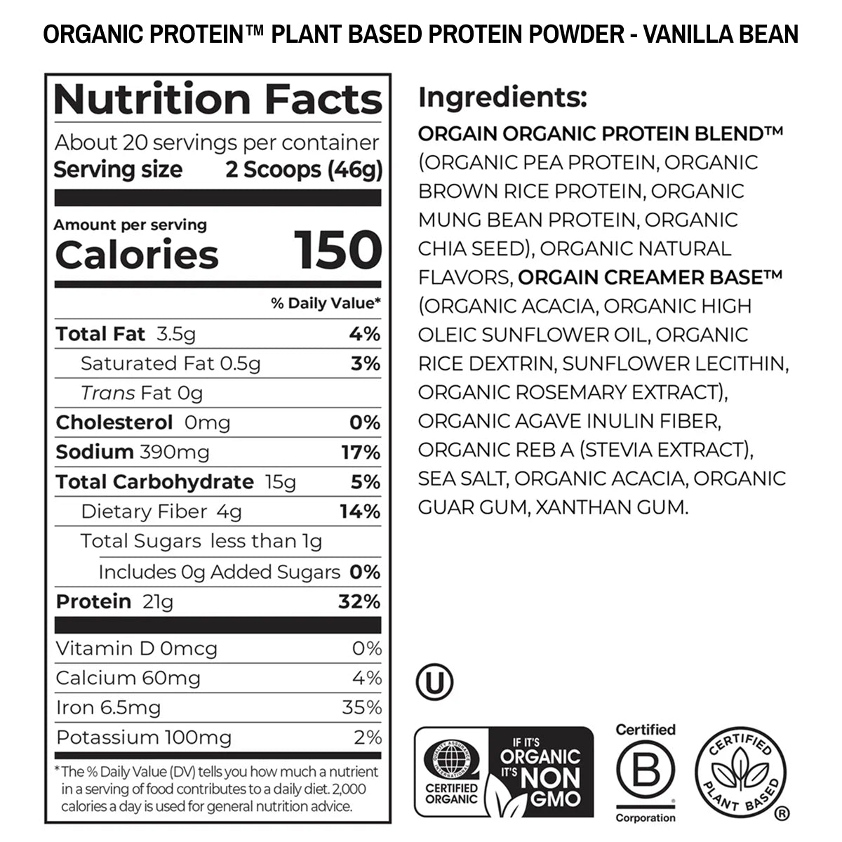 Nutrition facts and ingredients label for Organic Protein plant-based protein powder vanilla bean flavor