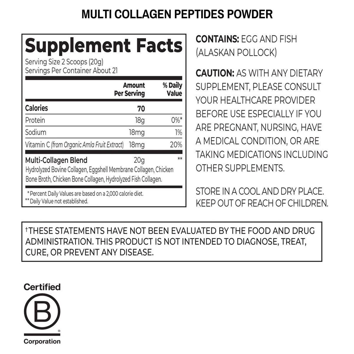 Supplement facts label for multi-collagen peptides powder on a white background