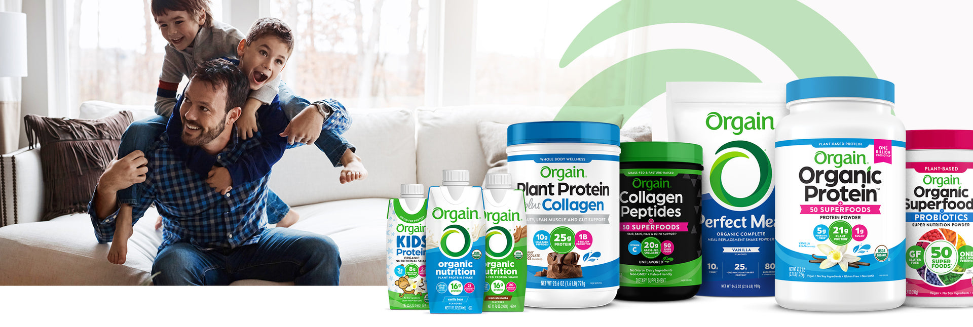 Kids playing with dad, Orgain products promoted to the right