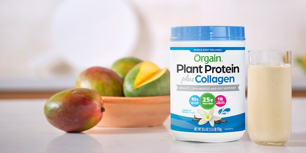 Plant Protein plus collagen next to a bowl of fruit and a smoothie