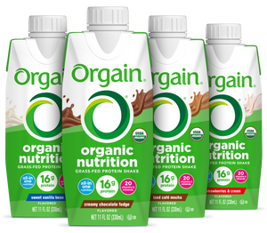 Organic nutrition shakes. Flavors shown are: sweet vanilla bean, creamy chocolate fudge, iced cafe mocha, strawberries and cream.