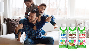 dad playing with kids and orgain products overlayed