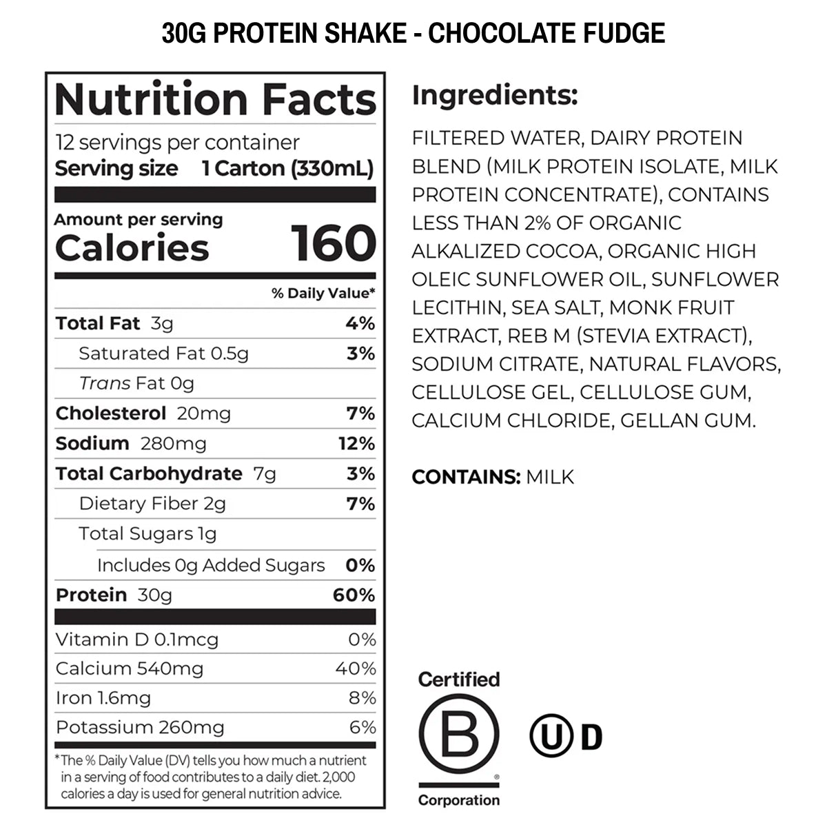 Nutrition facts and ingredients label for a 30g protein shake in chocolate fudge flavor.