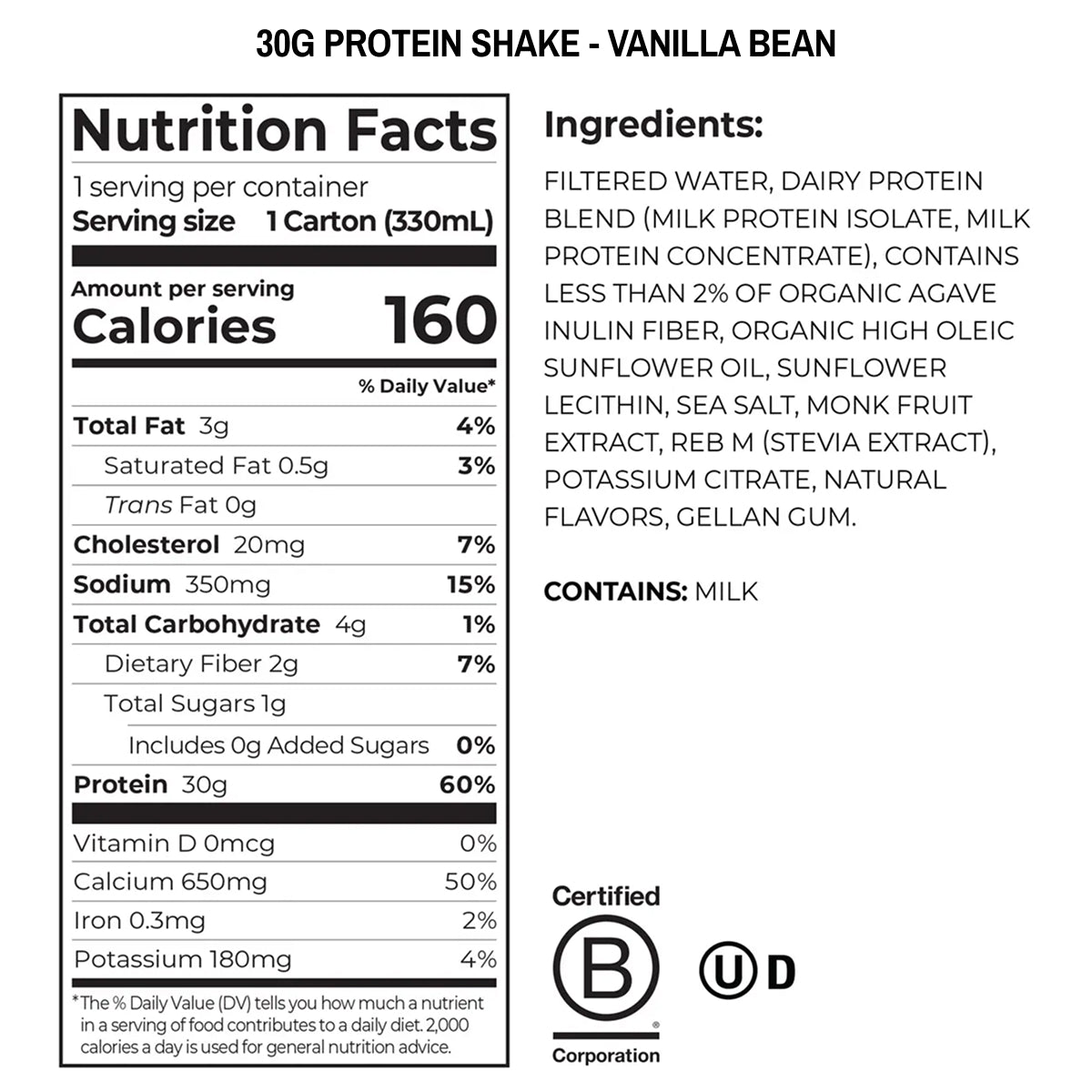 Nutrition facts and ingredients label for a 30g protein shake in vanilla bean flavor.