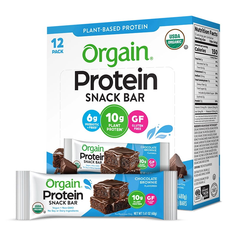 Single and case of Organic Protein Bar Chocolate Brownie Flavor in the 12 Bars Size