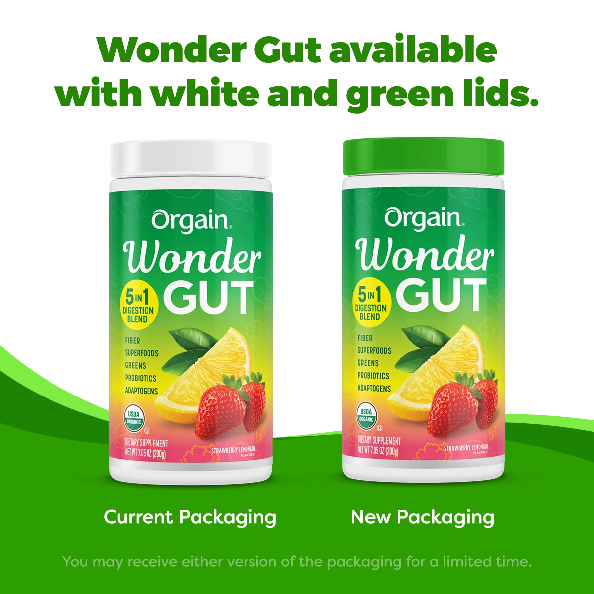 Wonder Gut will be available with both white and green libs. You may receive either version of the packaging for a limited time.