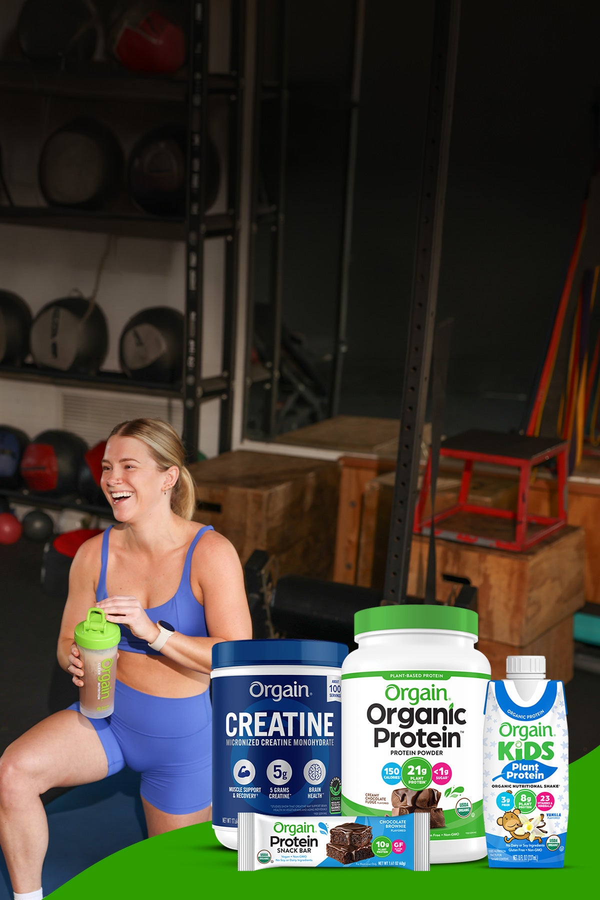 Women with a shaker, Orgain products visible - Creatine, Plant Protein Powder, Kids Shake and Protein Bar