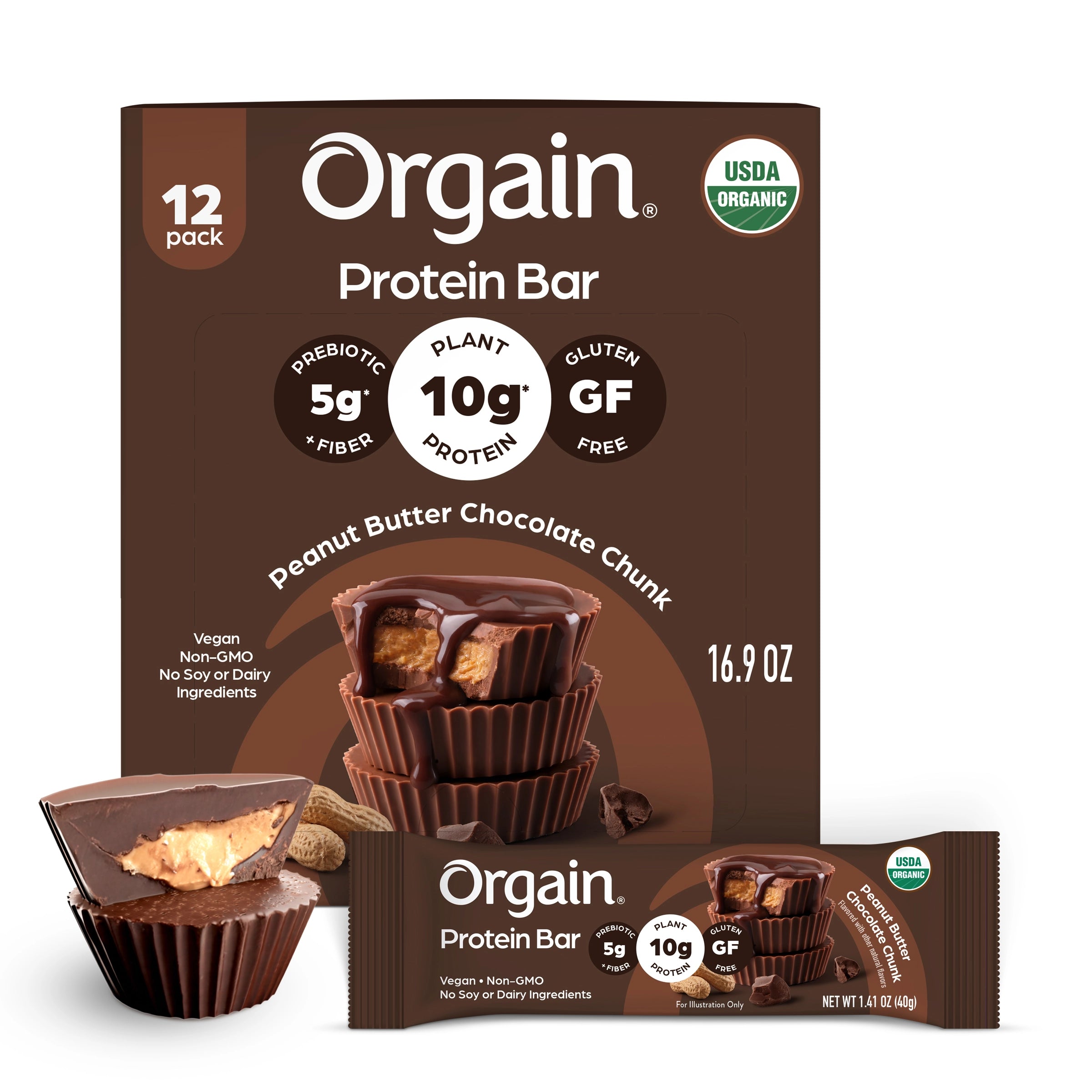 Orgain Organic Peanut Butter Chocolate Chunk protein bar, 10g plant protein, 150 calories, USDA Organic, 6g fiber, smallest and lightest bar