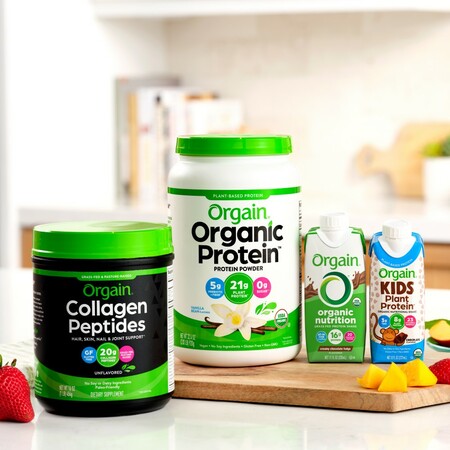 line-up of orgain protein, collagen peptides and ready to drink shakes