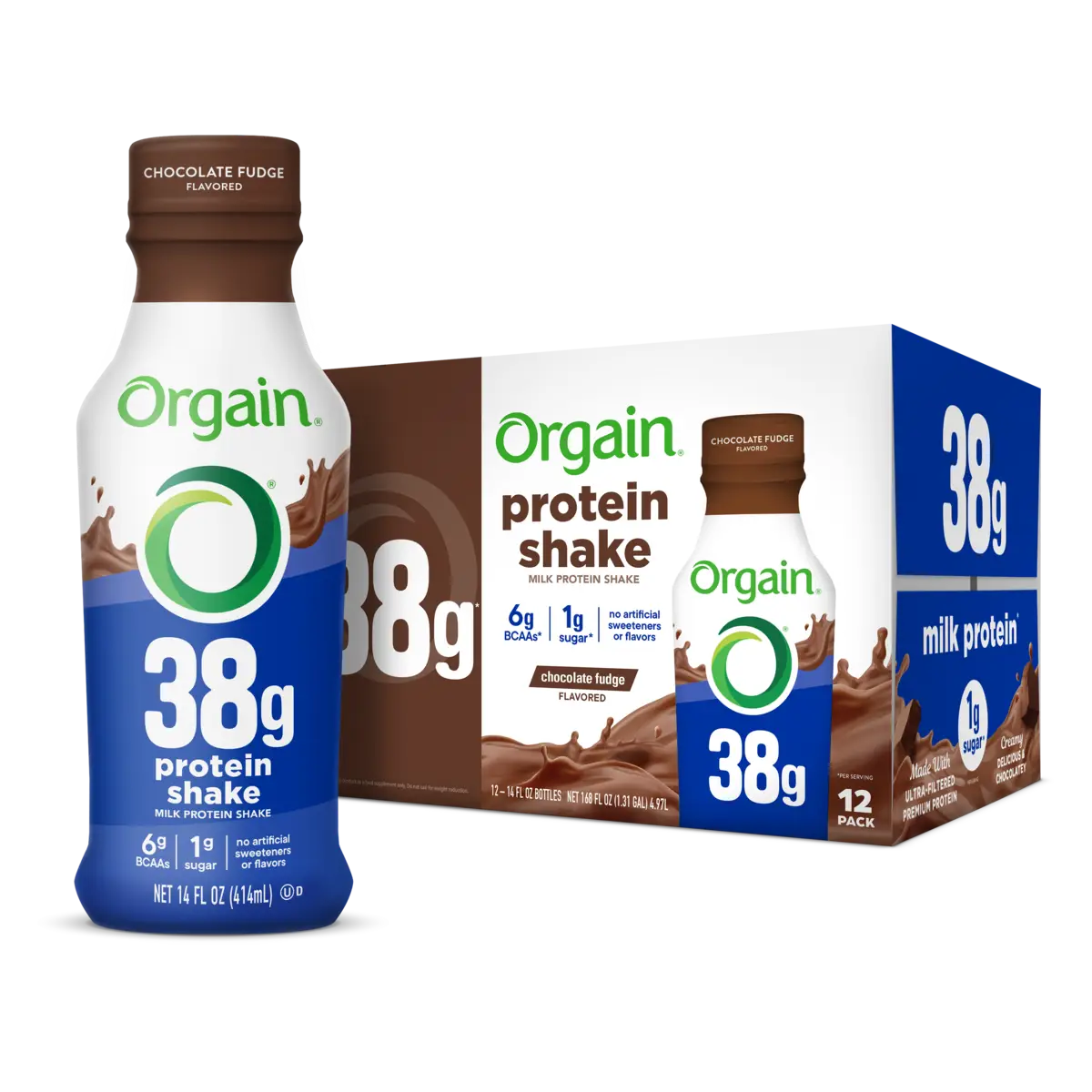 Orgain 38g protein shake chocolate fudge bottle and 12 pack packaging
