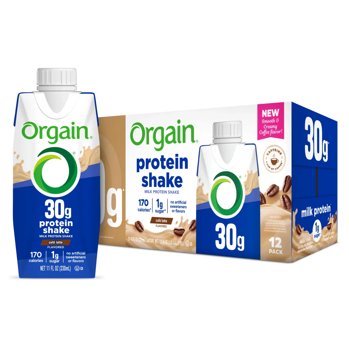Orgain 30g protein shake cafe latte packaging single and 12 pack 
