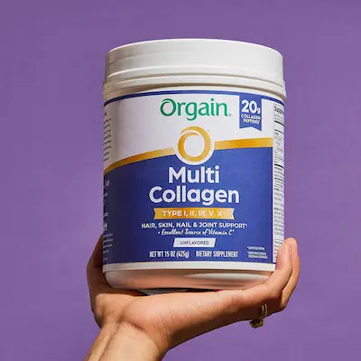orgain multi collagen powder on a purple background
