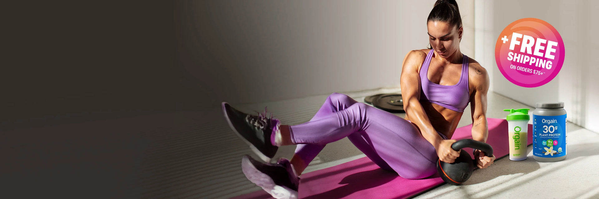 Woman exercising on a pink mat with a supplement container and 'Free Shipping' sign in the background.