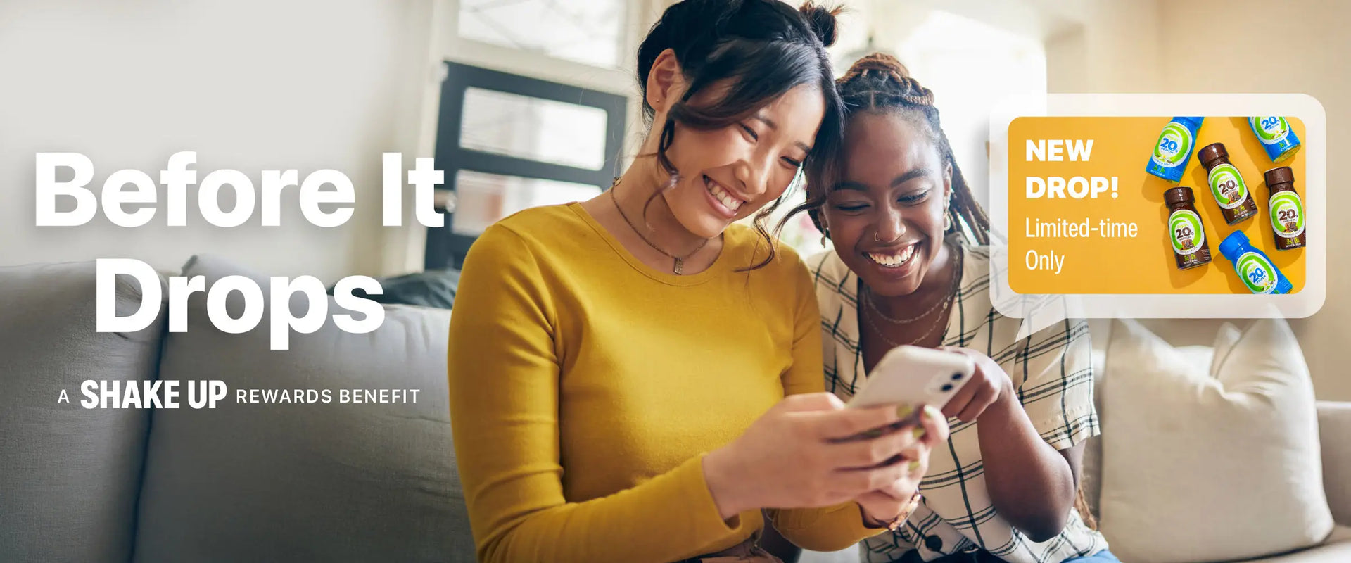 two women sitting on a couch reviewing a Before It Drops offer from Orgain
