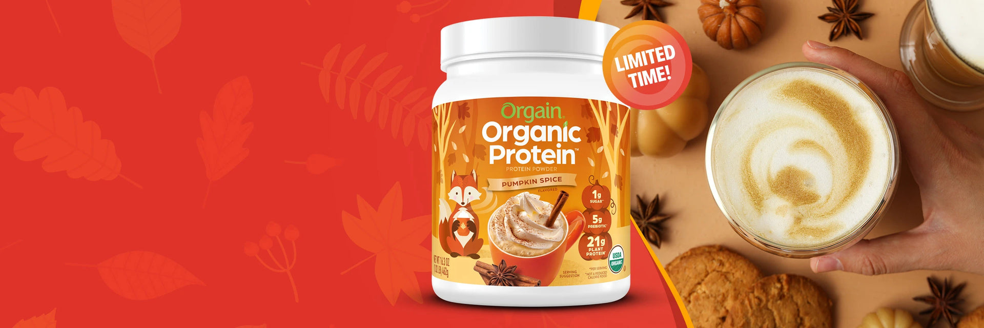 pumpkin spice protein powder next to a pumpkin spice latte