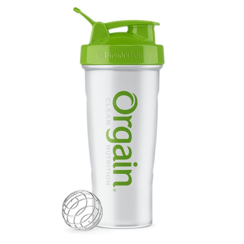 front of Orgain Classic BlenderBottle - 28oz Clear/Green Color in the 1.02lb Canister Size