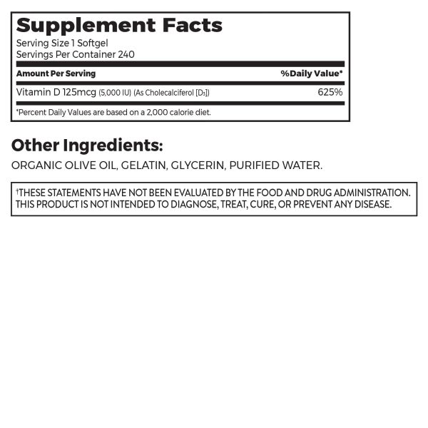 Nutrition fact panel and list of ingredients of Super D3 240ct Softgels Size in the 90ct Softgels Size